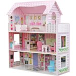 Rijoka maison de poupe en bois avec meubles - 8 pices - 3 tages - rose classique - 62x27x70 cm