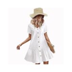 Robe ample boutonne ecelen pour femme - robe dt en coton et lin - ourlet  volants - blanc