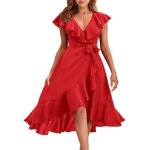 Robe dété à nouer pour femme ecelen - robe à volants et col en v - rouge Robe dété à nouer pour femme ecelen - robe à volants et col en v - rouge