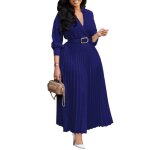 Robe ecelen fashion temperament couleur unie grande taille - col v - manches longues - bleu fonc avec ...