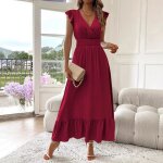 Robe dt longue  manches lotus ecelen pour femme - robe de soire taille haute  col en v - jupe trapze ...
