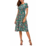 Robe mi - longue femme taille haute imprim� floral manches courtes col rond - vert