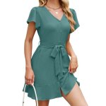 Robe femme mi - longue manches courtes col v casaul robe �t� � boutons couleur unie avec ceinture - taille ...