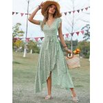 Robe fleurie ecelen pour femme - robe ajustée à col en v et à nouer style bohème - vert Robe fleurie ecelen pour femme - robe ajustée à col en v et à nouer style bohème - vert
