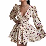 Robe fleurie simple et élégante pour femme ecelen - col en v et manches longues - beige Robe fleurie simple et élégante pour femme ecelen - col en v et manches longues - beige