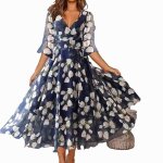 Robe imprime en mousseline de soie ecelen fashion - col en v - taille haute - robe de soire - bleu