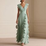 Robe longue unie en mousseline de soie ecelen pour femme - col v - robe de ceremonie lgante ? vert