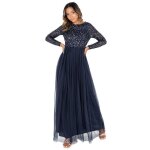 Robe maya deluxe - azbr1803 - mm - navy - taupe blush embellished long sleeve maxi dress robe de demoiselle ...