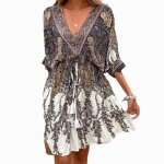 Robe de plage bohème ecelen pour femme - robe trapèze imprimée à col en v - gris Robe de plage bohème ecelen pour femme - robe trapèze imprimée à col en v - gris