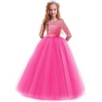 Robe de princesse crmonie fille longue en dentelle robe de soire mariage tulle manches 3 / 4 pour ...