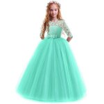 Robe de princesse crmonie fille longue en dentelle robe de soire mariage tulle manches 3 / 4 pour ...