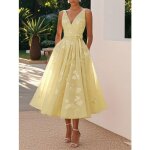 Robe de soire ecelen pour femme - sans manches - col en v - jaune