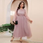 Robe de soire ecelen grande taille col rond manches longues en maille pour banquet rose lotus