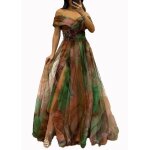 Robe de soire fendue en tulle  imprim floral dgrad ecelen avec jupe ample - marron