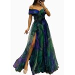 Robe de soire fendue en tulle  imprim floral dgrad ecelen avec jupe large - vert