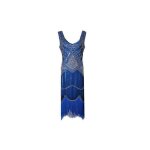 Robe soire xl bleue  sequins et franges style annes 20 dos nu coupe charleston idale bal cocktail ...