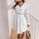 Robe de vacances lgante en dentelle unie ecelen pour femme - robe dt festonne - blanche