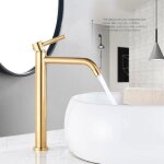 Robinet de lavabo de salle de bain dore brossé avec bec haut et poignée brodée pour salle de bain avec ... Robinet de lavabo de salle de bain dore brossé avec bec haut et poignée brodée pour salle de bain avec ...