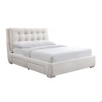 Rodrigo - lit double en tissu blanc �cru avec 2 tiroirs 160x200 cm