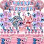 Rose stitch fte d?anniversaire dcorations kit comprenant cupcake toppers autocollants ballon nappe ...