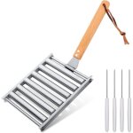 Rouleau à hot - dog acier inoxydable avec 4 fourchettes et manche en bois support daccessoires de barbecue ... Rouleau à hot - dog acier inoxydable avec 4 fourchettes et manche en bois support daccessoires de barbecue ...