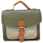 Sac bandoulière cartable en cuir grainé corte - kaki & argent Sac bandoulière cartable en cuir grainé corte - kaki & argent