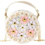 Sac � bandouli�re en perles et fleurs pour petites filles sac � main de princesse avec cha�ne (blanc) ...