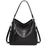 Sac a main femme bandoulire cuir pu souple noir multipoches elgant pour le travail shopping voyage