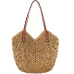 Sac de plage - bohme - tiss en paille - fermeture clair - poignes en cuir - marron