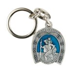 Saint christophe porte cles fer cheval emaille bleu