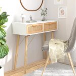 Sale 2025table console - table d?appoint scandinave - blanc 80x30x75 cm bois massif pin / rotin naturel1235 ...