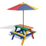 Sale 2026 table de jardin multicolore - table et bancs de pique - nique avec parasol pour enfants bois ...