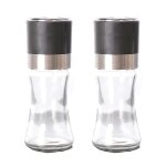 Salires et poivrires - lgantes - acier inoxydable - fond en verre transparent - couvercles noirs ...