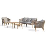 Salon bas de jardin 5 pl en aluminium imitation bois et corde tisse
