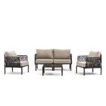 Salon bas de jardin en polypropyl�ne - deux fauteuils + canap� + table basse et coussins hoya 4 personnes ...