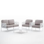 Salon bas de jardin en polypropyl�ne - deux fauteuils + canap� + table basse et coussins kenzia 4 personnes ...