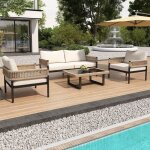 Salon de jardin 4 places canap� fauteuil et table basse en verre avec coussins pour ext�rieur jardin ...