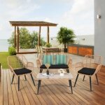 Salon de jardin 4 places en rsine tresse jaune avec coussins noir