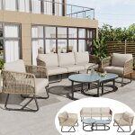 Salon de jardin 5 places avec table de jardin en verre cadre en fer galvanis� antirouille pieds r�glables ...