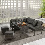 Salon de jardin 7 places en rotin pe - 2 canap�s 2 tabourets et 1 table basse - structure en acier gris ...