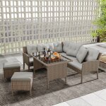 Salon de jardin 7 places en rotin pe - 2 canap�s 2 tabourets et 1 table basse - structure en acier kaki ...