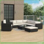 Salon de jardin - abi - 8 pi�ces - r�sine tress�e noire - coussins blanc cr�me - ext�rieur