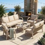 Salon de jardin angle 6 places avec table basse verre - 2 canap� 2 fauteuils 1 table - beige