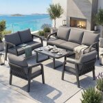Salon de jardin angle 6 places avec table basse verre - 2 canap� 2 fauteuils 1 table - gris