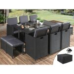 Fira - salon de jardin encastrable 10 places - en rsine tresse - noir avec coussins gris + housse de ...