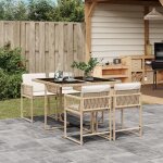 Salon de jardin - ensemble  manger de jardin avec coussins 5 pcs beige poly rotin - table + 4 chaises ...