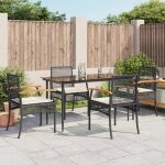 Salon de jardin - ensemble  manger de jardin coussins 5 pcs noir rsine tresse - table + 4 chaises ...