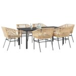 Salon de jardin - ensemble  manger jardin coussins 7pcs marron poly rotin verre - table + chaises de ...