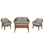 Salon de jardin - exclusif - canap et fauteuils en bois dacacia - 4 places - coussins gris - poly rotin ...