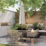 Salon de jardin ext�rieur en r�sine tress�e 4 places - coussins et table ronde en verre pour terrasse ...